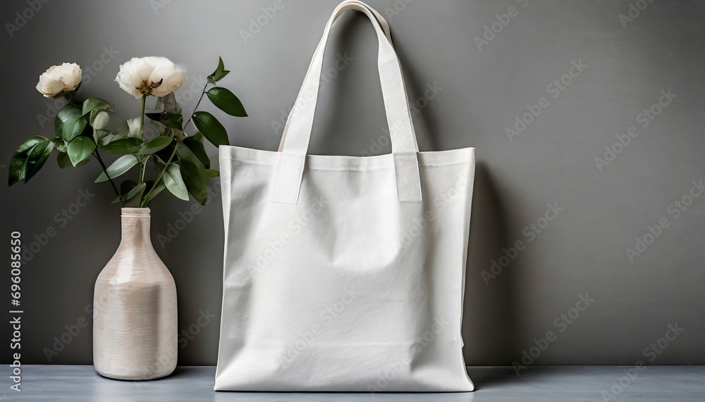 white tote bag mockup on a grey background - obrazy, fototapety, plakaty 