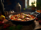 One pan chicken and rice dish with parsley on top, dark wooden table