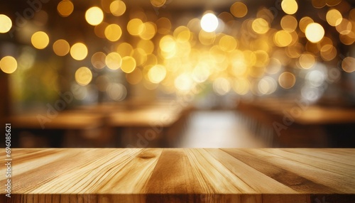wood texture table top counter bar with blur light gold bokeh in cafe restaurant background for montage product display or design key visual photo