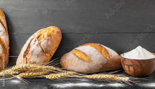 bread with wheat and bowl of flour on dark board white bakery food concept panorama or wide banner photo