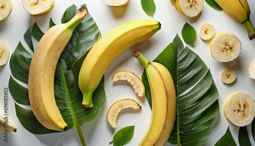 funny flat lay composition with bananas on white background photo