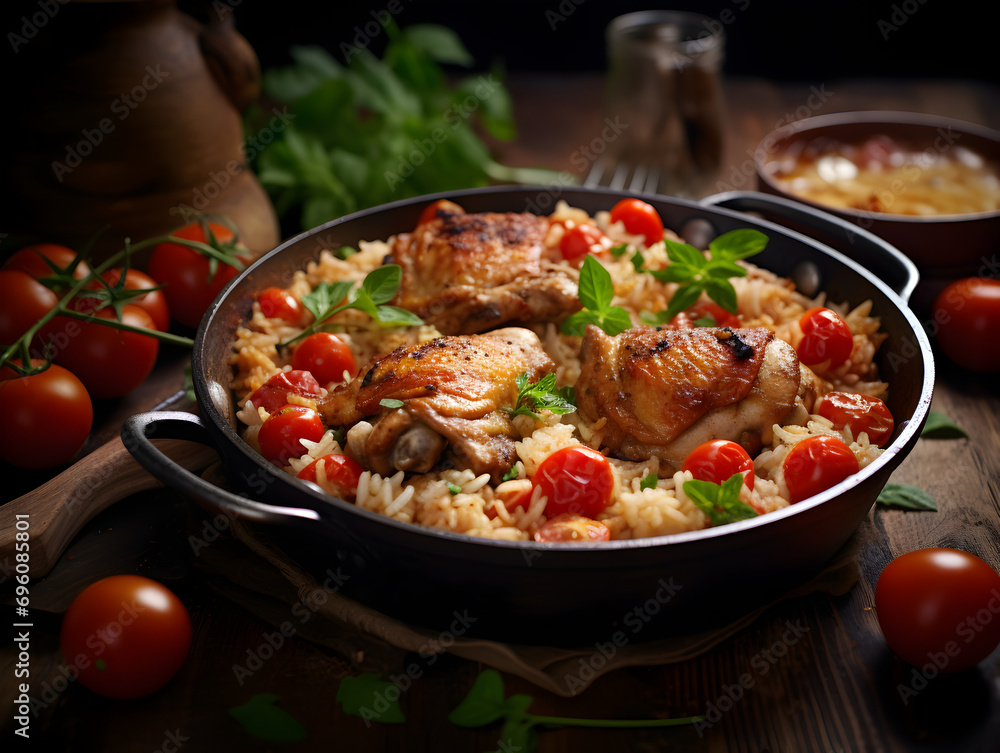 One pan chicken and rice dish with tomatoes and parsley on top, dark blurred background One pan chicken and rice dish with tomatoes and parsley on top, dark blurred background