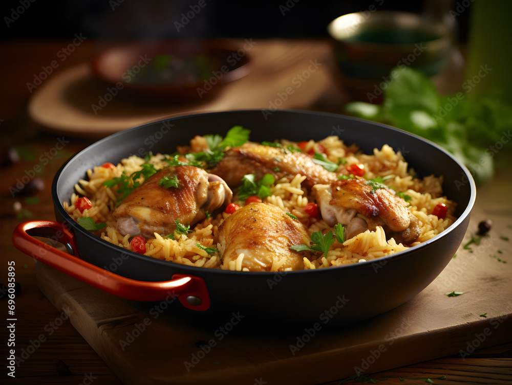 One pan chicken and rice dish with fresh parsley on top, dark blurred background One pan chicken and rice dish with fresh parsley on top, dark blurred background