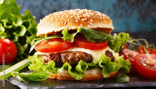 fresh homemade hamburger with cheese tomatos green salad and photo