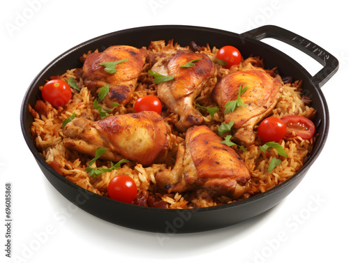 One pan chicken and rice dish with fresh tomatoes, isolated on white background 