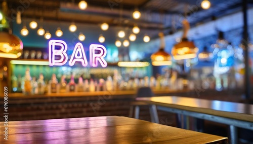 bar neon sign with blur counter bar background photo