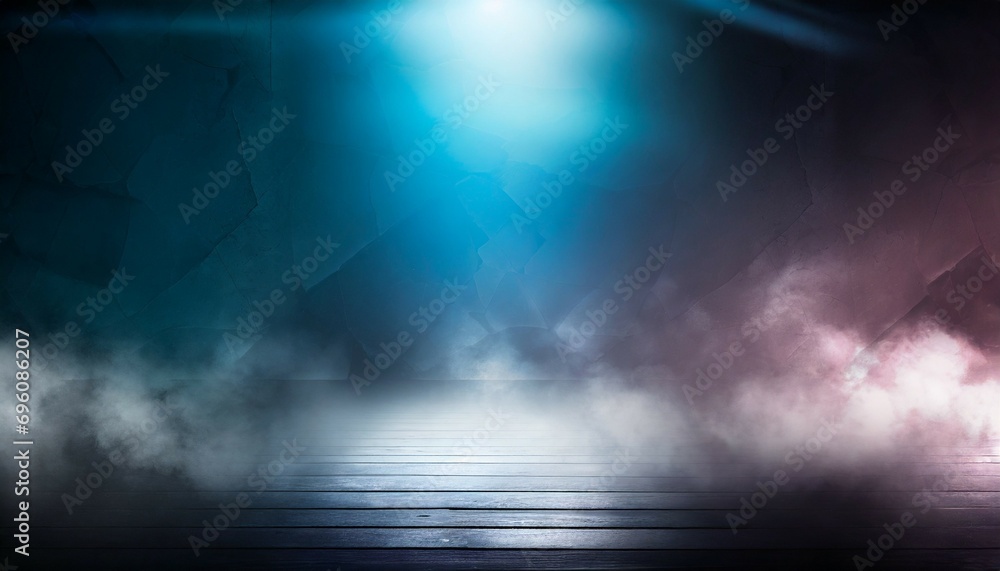 background of an empty room with smoke and neon light dark abstract background