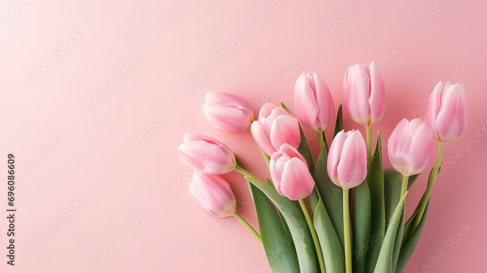 Naklejka premium Beautiful pink tulips on pink background