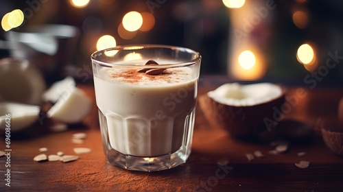 Authentic Coquito or Coconut Eggnog in glass beaker. Christmas Latin American drink. Close-up