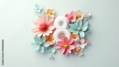 Number eight decorated with spring flowers in paper cut style. Postcard March 8 photo