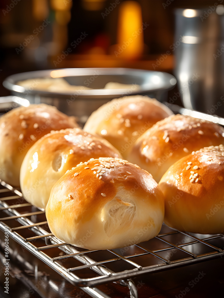 Close up of fresh baked dinner roll buns on a baking rack, blurry background