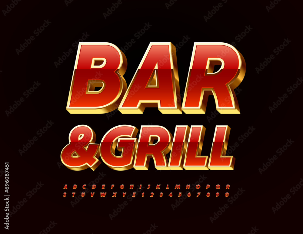 Vector Premium Logo Bar and Grill. Red and Gold Chic Font. Luxury 3D Alphabet Letters and Numbers set.