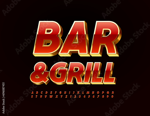 Vector Premium Logo Bar and Grill. Red and Gold Chic Font. Luxury 3D Alphabet Letters and Numbers set.