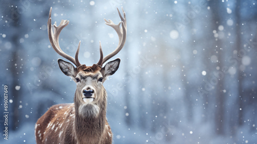 Christmas reindeer Snow background with snowflakes © ayyan