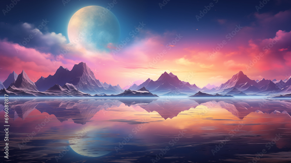 Surreal Mountain Landscape with Reflective Waters under a Majestic Moon