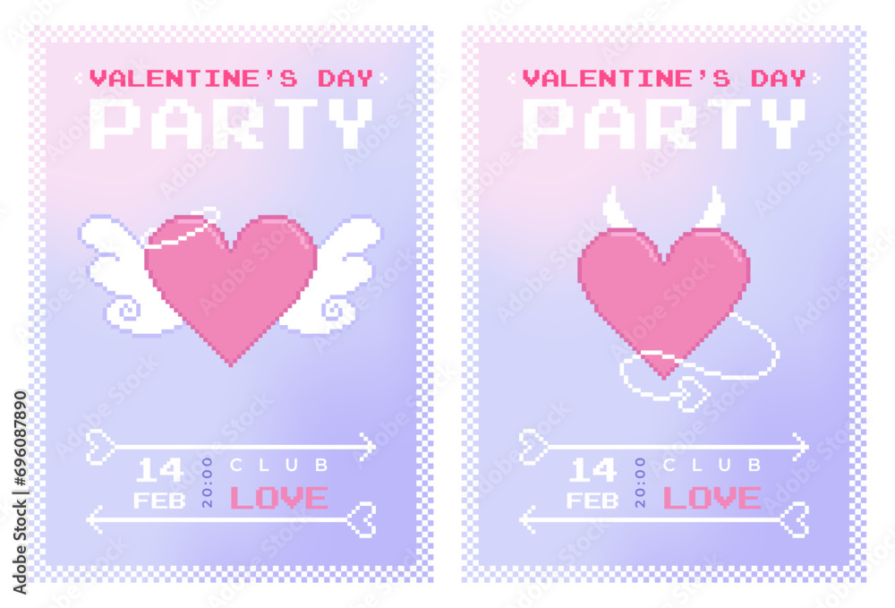 Modern y2k pixel design Valentine's Day party invitation and poster set. Trendy aesthetic minimalist vector illustrations with angel and demon hearts, gradient and typography. Modern y2k pixel design Valentine's Day party invitation and poster set. Trendy aesthetic minimalist vector illustrations with angel and demon hearts, gradient and typography.