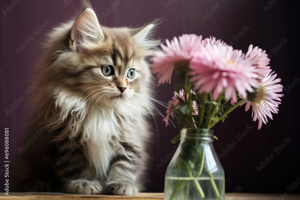 Cute cat with a bouquet of flowers. Generative AI