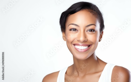 Close up photography perfect beauty face of happy young beautiful black woman face and positivity with short hair. skin copy space for your advertisement, Facial skincare concept. Generative ai