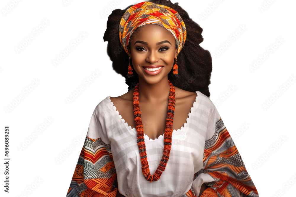 young african american woman wearing traditional dress for kwanzaa festival celebration, on transparent background young african american woman wearing traditional dress for kwanzaa festival celebration, on transparent background