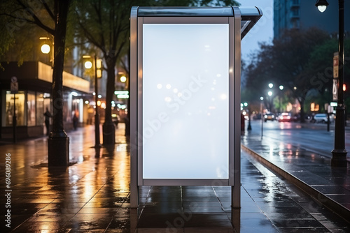 A modern bus stop with an empty ad panel on a rainy city street at dusk, with diffused city lights. photo