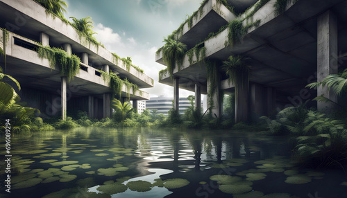 abandoned ruined flooded modern brutalist concrete city buildings standing in water