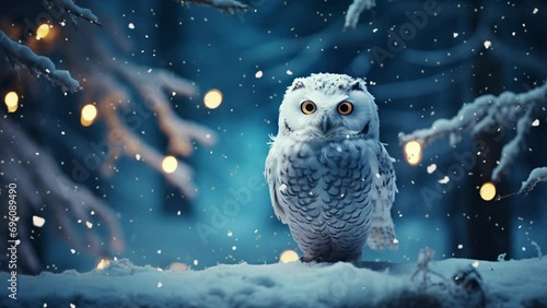Magic owl in  the winter forest. It is snowing photo