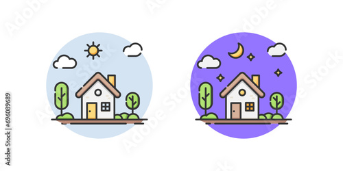 House in different times of day. Good morning, good night, Flat style vector vector.