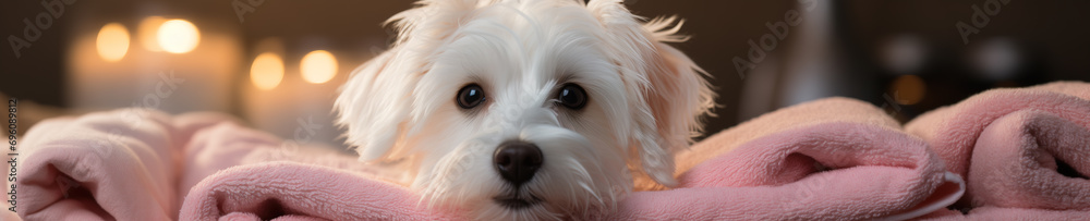 A white Maltese puppy peeking over a soft pink blanket with a cozy, warm background A white Maltese puppy peeking over a soft pink blanket with a cozy, warm background