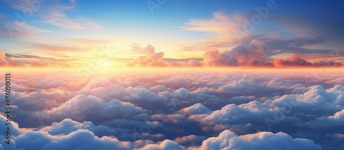 panorama Beautiful sunset sky above the clouds. Aerial view