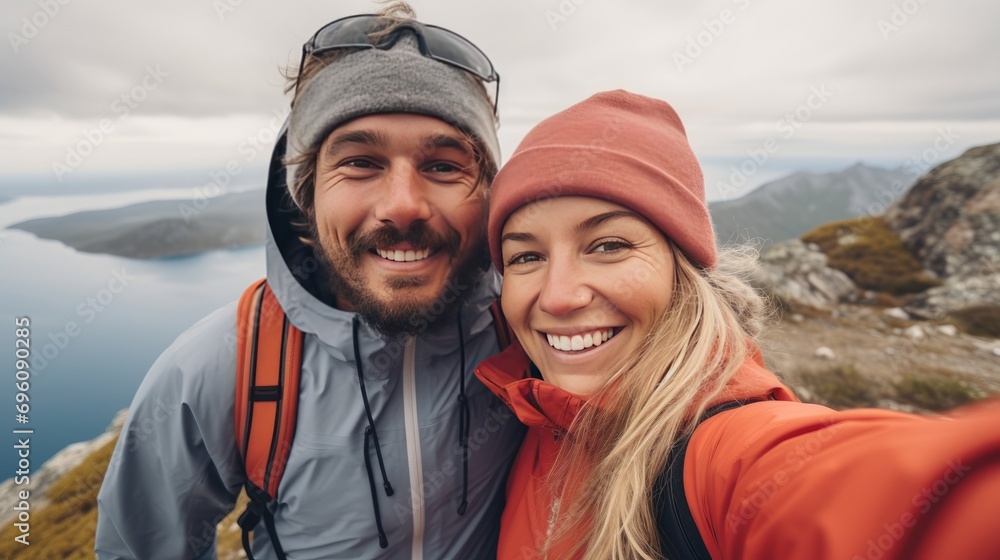 Joyful Couple, High On The Summit, Capturing Memories With A Smartphone Snapshot. Young Hikers. Generative AI Joyful Couple, High On The Summit, Capturing Memories With A Smartphone Snapshot. Young Hikers. Generative AI