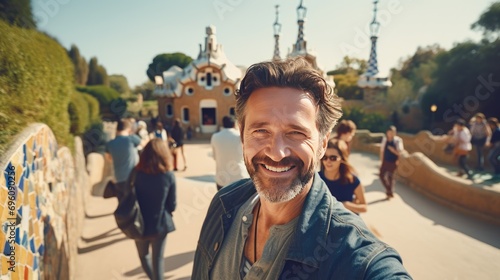 Happy And Smiling Mature Male Tourist Take Self-Portrait With Smartphone In Park Guell, Barcelona, Spain. Holidays And Travel Concept. Generative AI photo