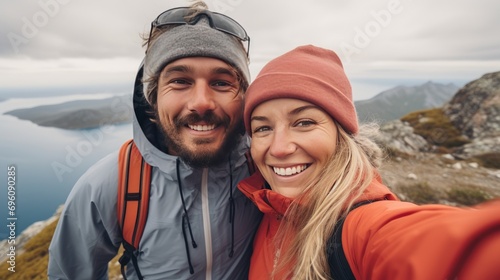 Joyful Couple, High On The Summit, Capturing Memories With A Smartphone Snapshot. Young Hikers. Generative AI photo