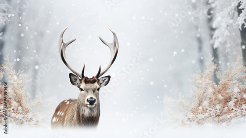 Christmas reindeer Snow background with snowflakes