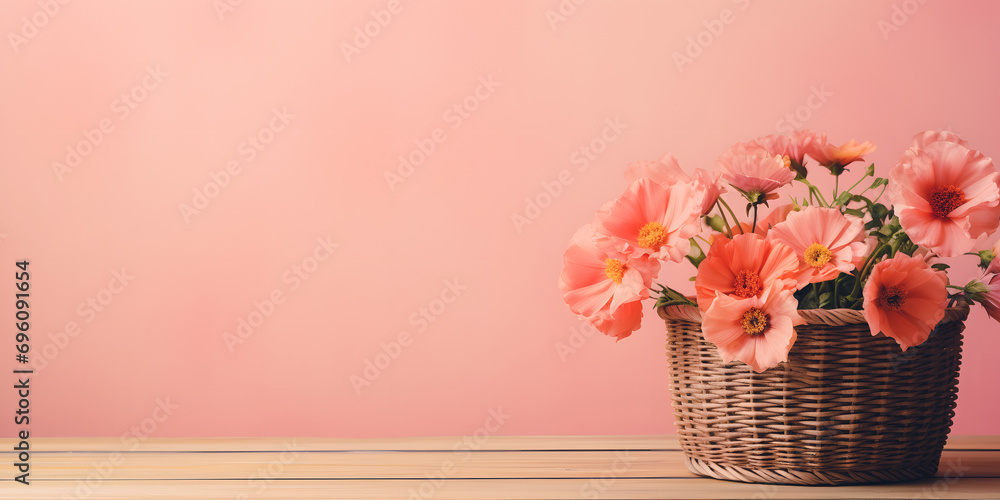 Bunch of garden flowers in wicker basket stands on wooden table on peach colored wall background with copy space