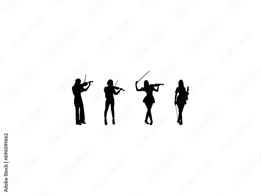 Set of Female Violinist Silhouette in various poses isolated on white background