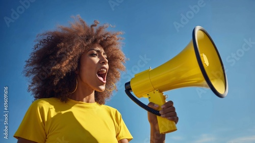 Energetic African American woman with curly hair, amplifying her voice through a yellow megaphone, embodying strength and inspiration