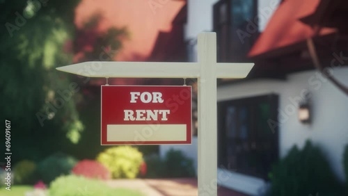 Home for rent sign in front of beautiful American house photo