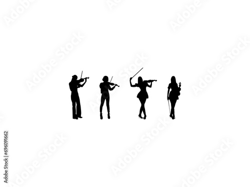 Set of Female Violinist Silhouette in various poses isolated on white background