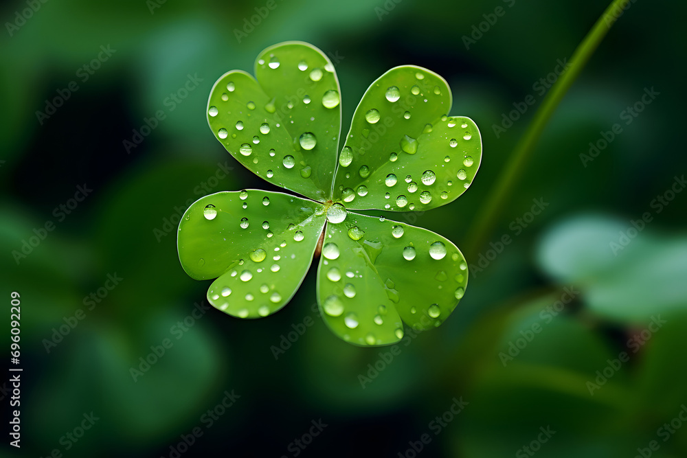 Fresh shamrock plant with four green leaves with morning dew drops growing on forest glade close up, overhead view Fresh shamrock plant with four green leaves with morning dew drops growing on forest glade close up, overhead view