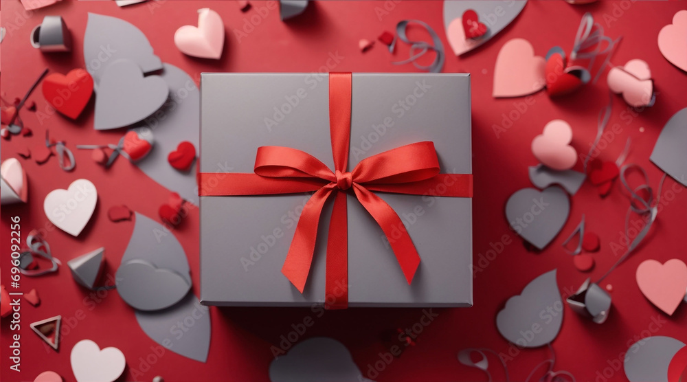 Fototapeta premium Elegant Love: Valentine's Day Small Grey Gift Box Pattern on Red