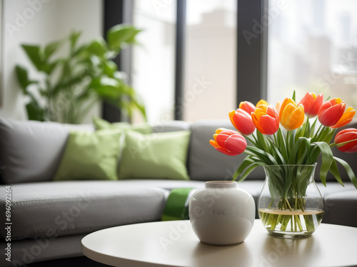 Blooms of Joy: Vase of Fresh Tulips on the Coffee Table with Books