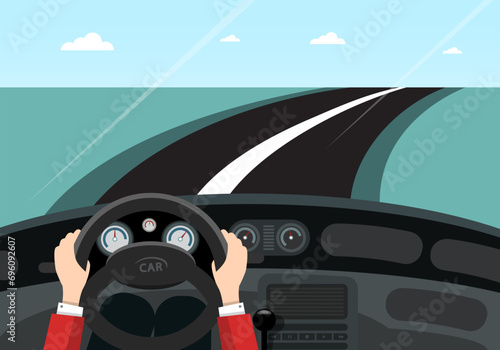 Driving car on asphalt road - inside view, vector