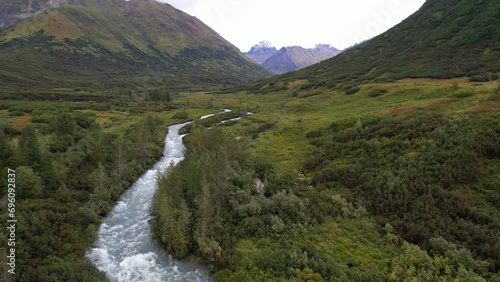 ALASKA - 2023 - Excellent aerial footage passing over a river in Alaska's Hatcher Pass. photo