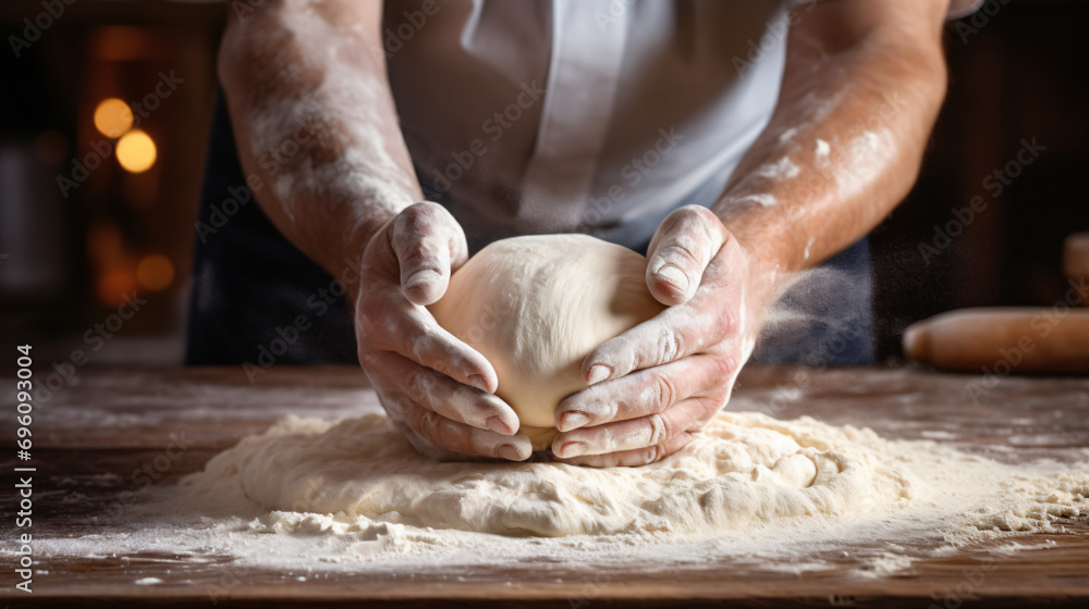 Closeup of Hands Kneading Dough in a Kitchen