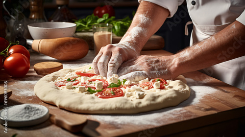 Closeup of Hands Making Pizza in a Kitchen