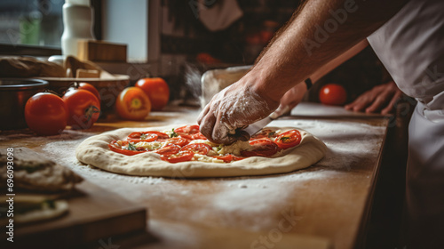 Closeup of Hands Making Pizza in a Kitchen