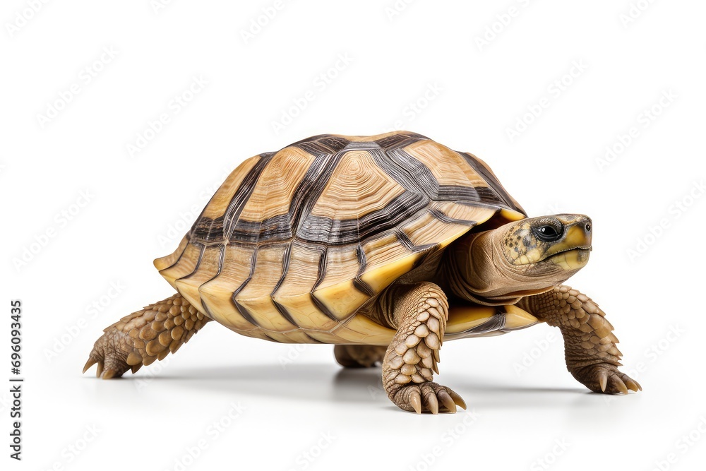 Obraz premium Tortoise in motion turtle walking isolated on white background closeup