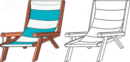 Sillas plegables para la playa y vacaciones, conjunto de ilustraciones vectoriales sin fondo a color y sin color para imprimir y pintar .