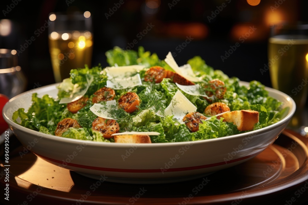 Classic Caesar Salad on a ceramic plate in an elegant dining environment., generative IA