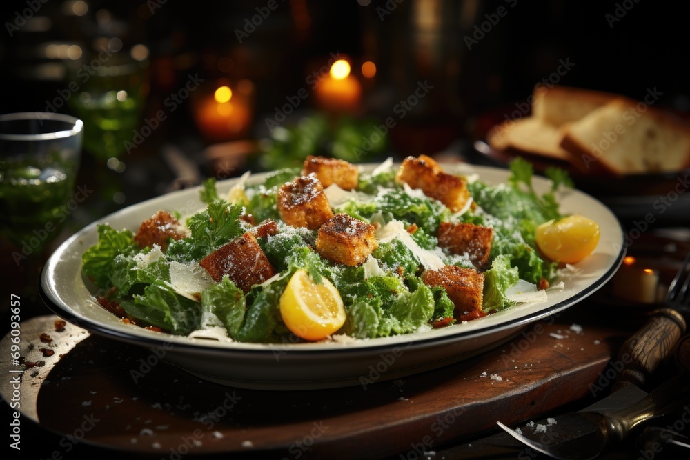 Classic Caesar Salad on a ceramic plate in an elegant dining environment., generative IA